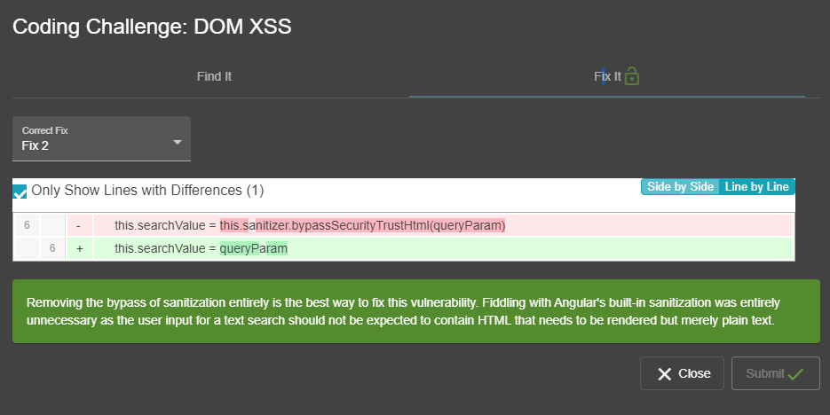 Explanation for right fix option to "DOM XSS" challenge