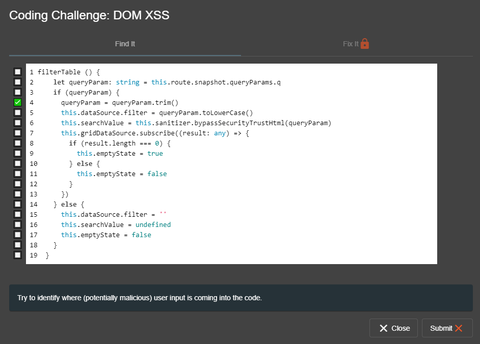 First hint displayed for "DOM XSS" challenge