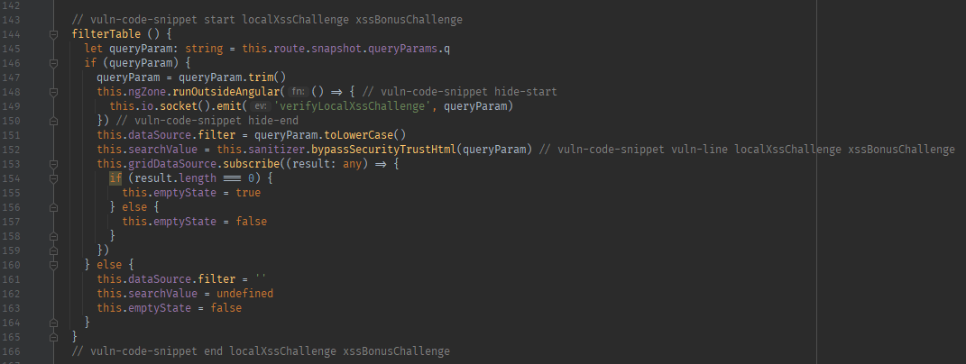 Vulnerable code snippet for "DOM XSS" challenge