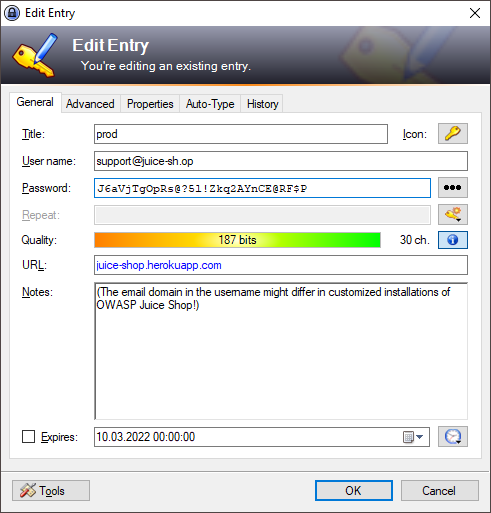 Credentials of the support team in the KeePass file