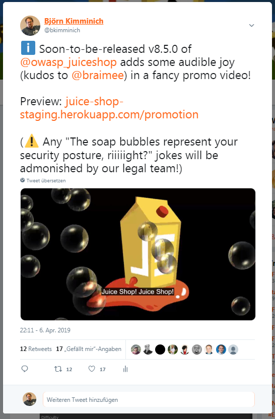 Tweet promoting a new in-app promotion video