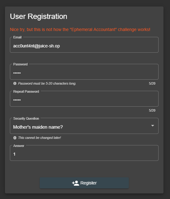 Nice try error when registering ephemeral accountant user